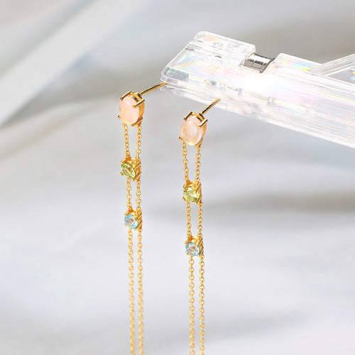 14K Gold-Plated Sterling Silver Blue Topaz Multi-Stone chain tassel Earring